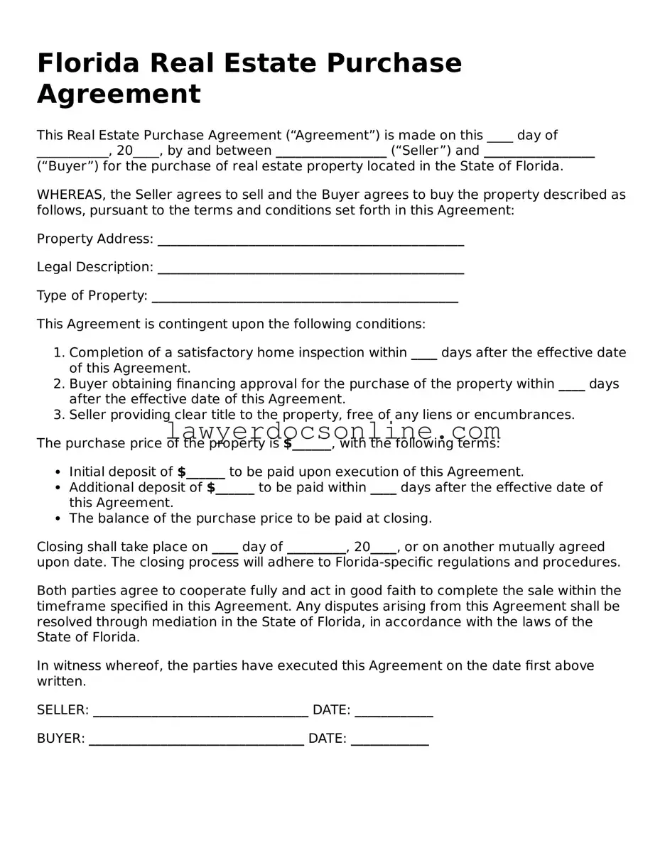 Legal  Real Estate Purchase Agreement Form for Florida