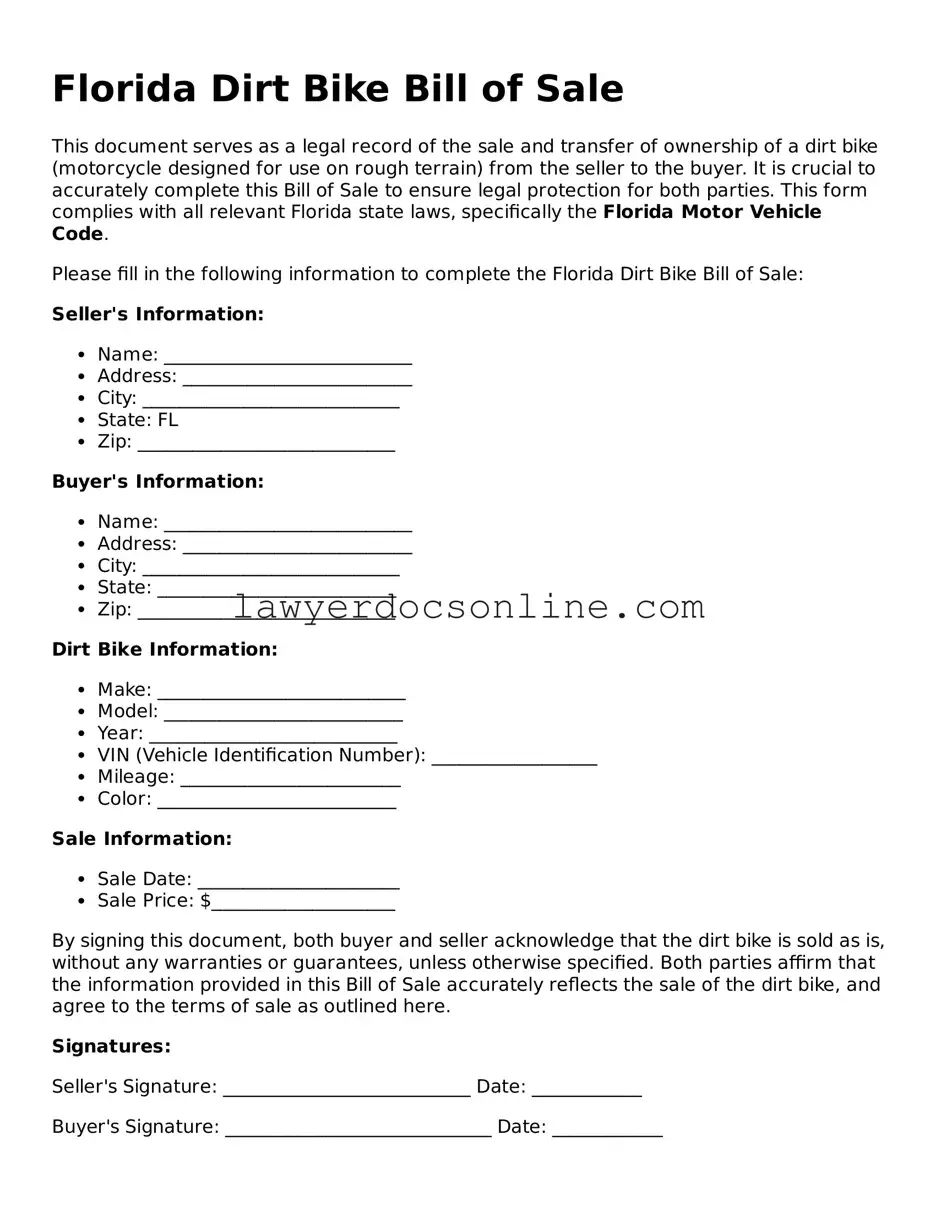 Legal  Dirt Bike Bill of Sale Form for Florida
