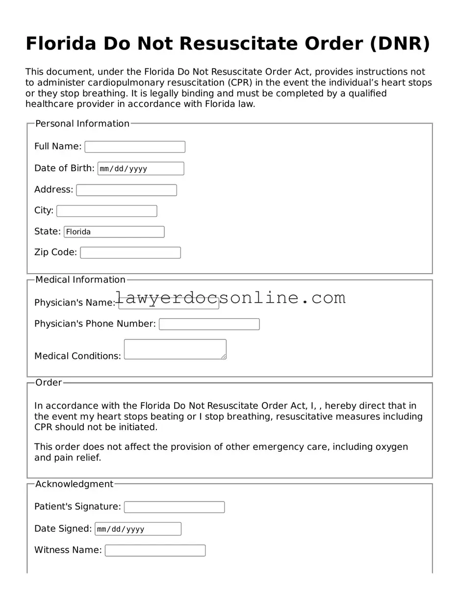 Legal  Do Not Resuscitate Order Form for Florida