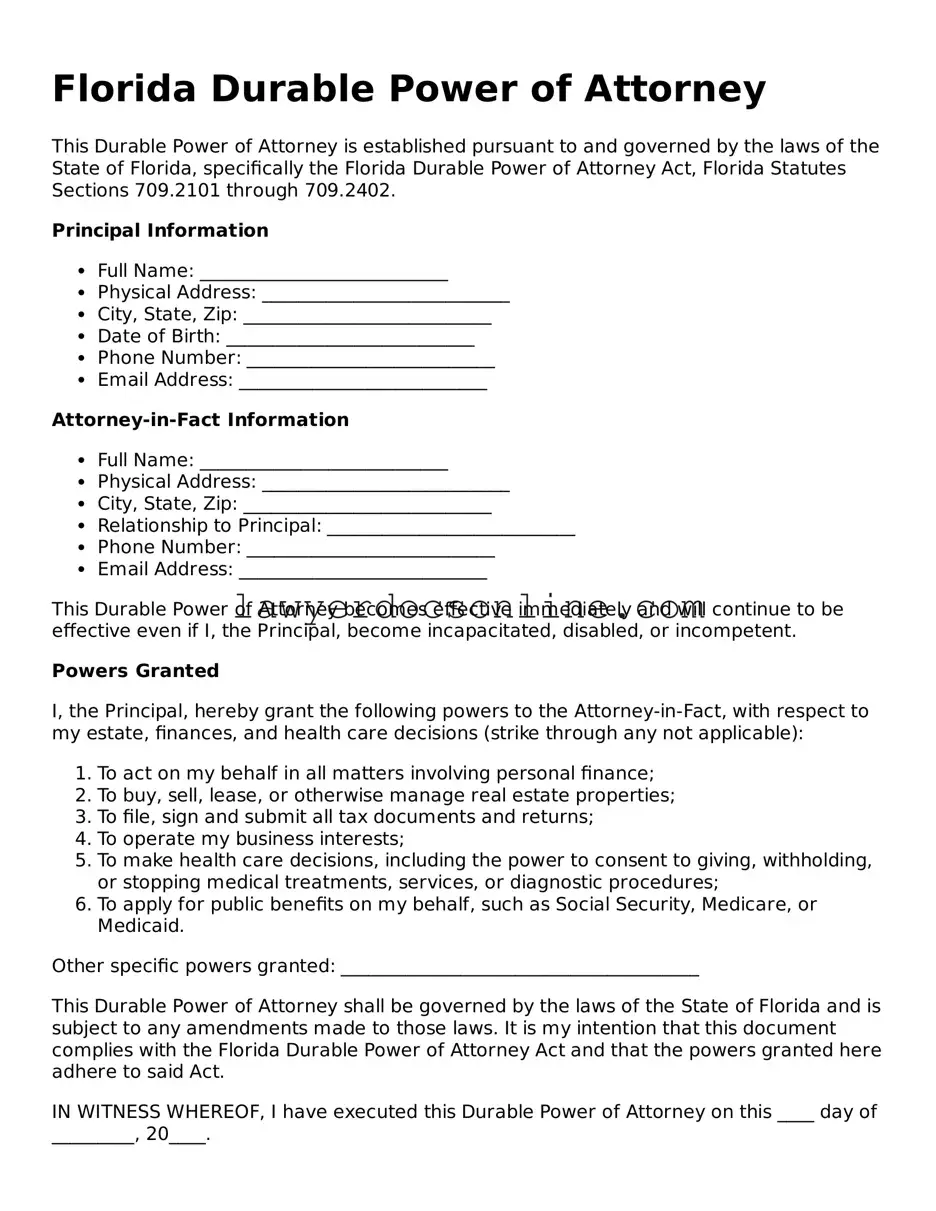 Legal  Durable Power of Attorney Form for Florida