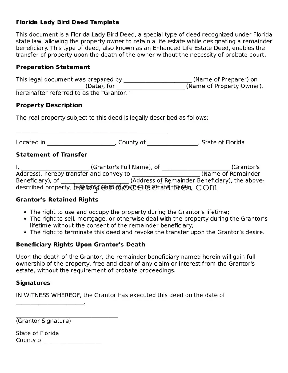 Legal  Lady Bird Deed Form for Florida