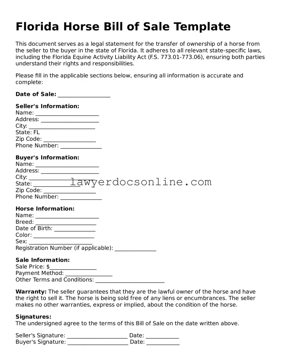 Legal  Horse Bill of Sale Form for Florida
