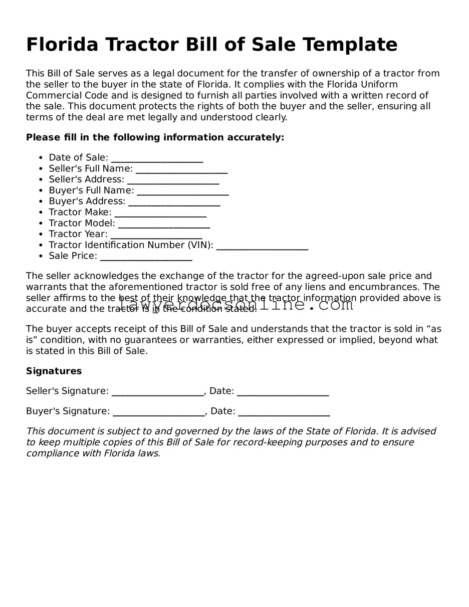 Legal  Tractor Bill of Sale Form for Florida