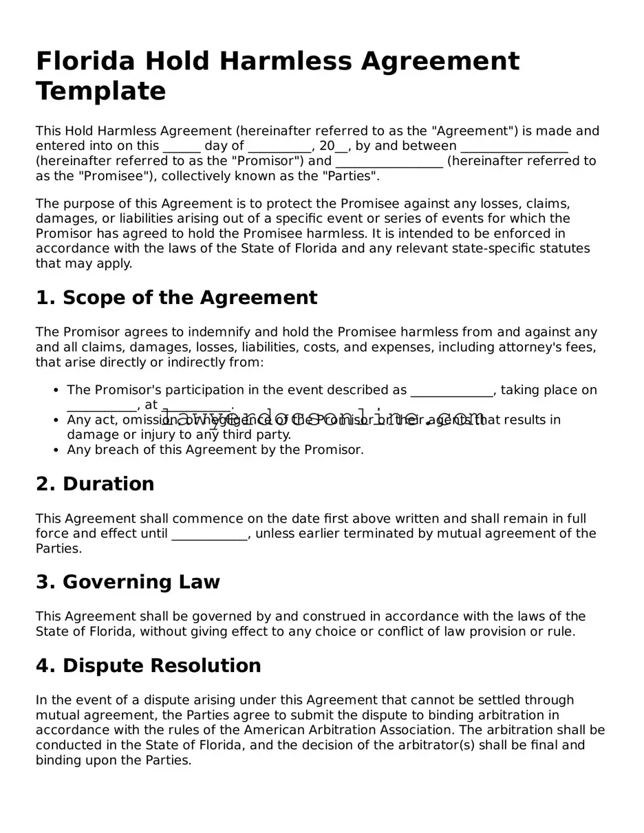 Legal  Hold Harmless Agreement Form for Florida