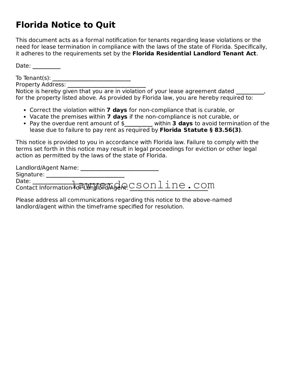 Legal  Notice to Quit Form for Florida