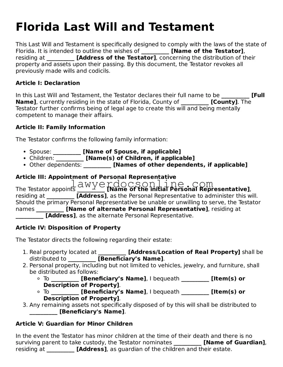 Legal  Last Will and Testament Form for Florida
