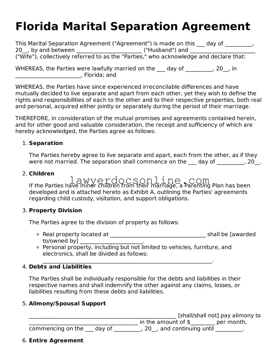 Legal  Marital Separation Agreement Form for Florida