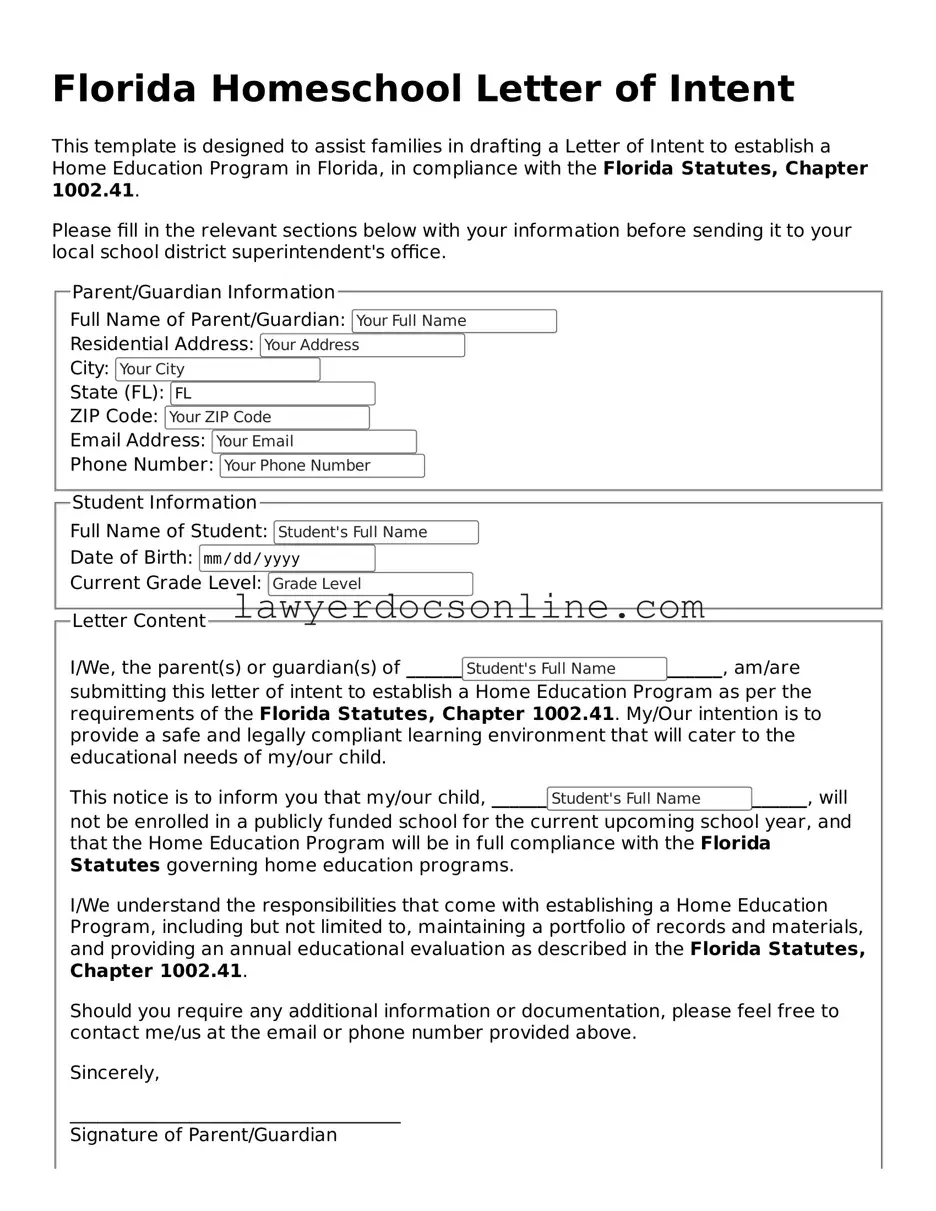 Legal  Homeschool Letter of Intent Form for Florida