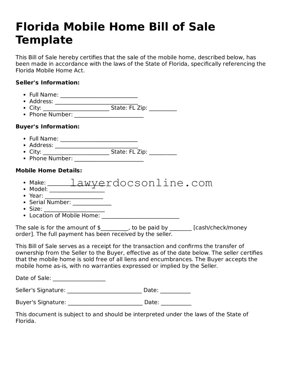 Legal  Mobile Home Bill of Sale Form for Florida