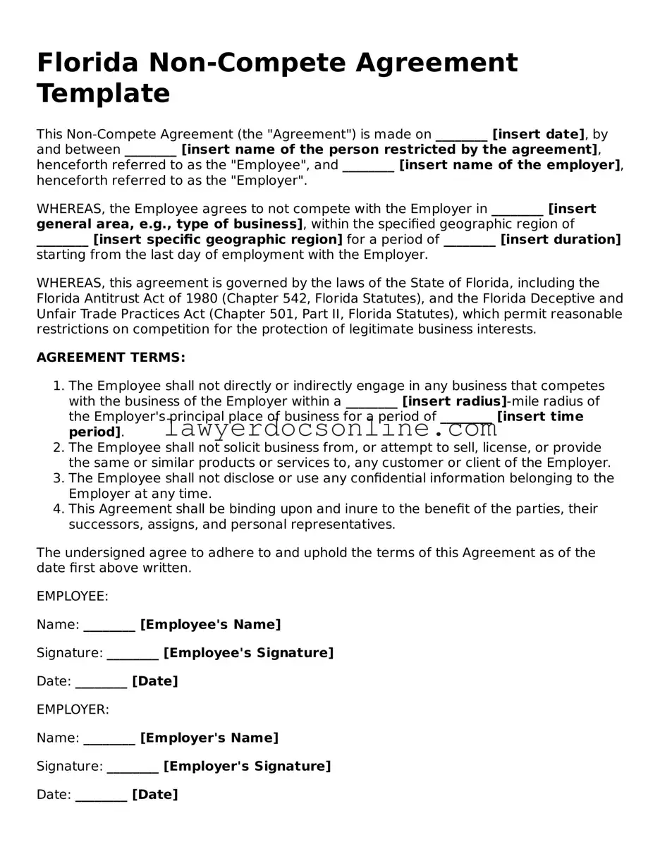 Legal  Non-compete Agreement Form for Florida