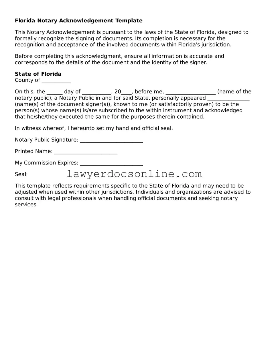 Legal  Notary Acknowledgement Form for Florida