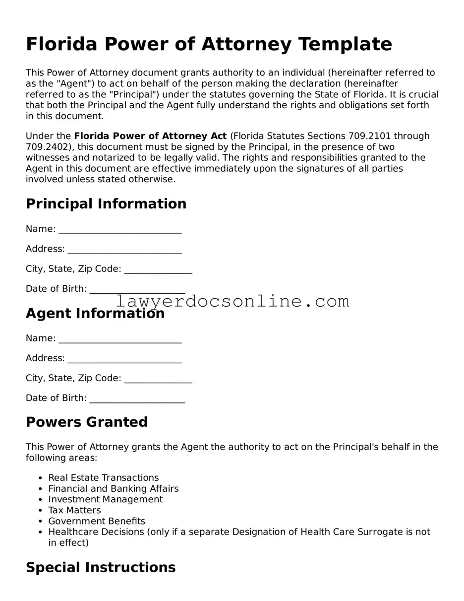 Legal  Power of Attorney Form for Florida