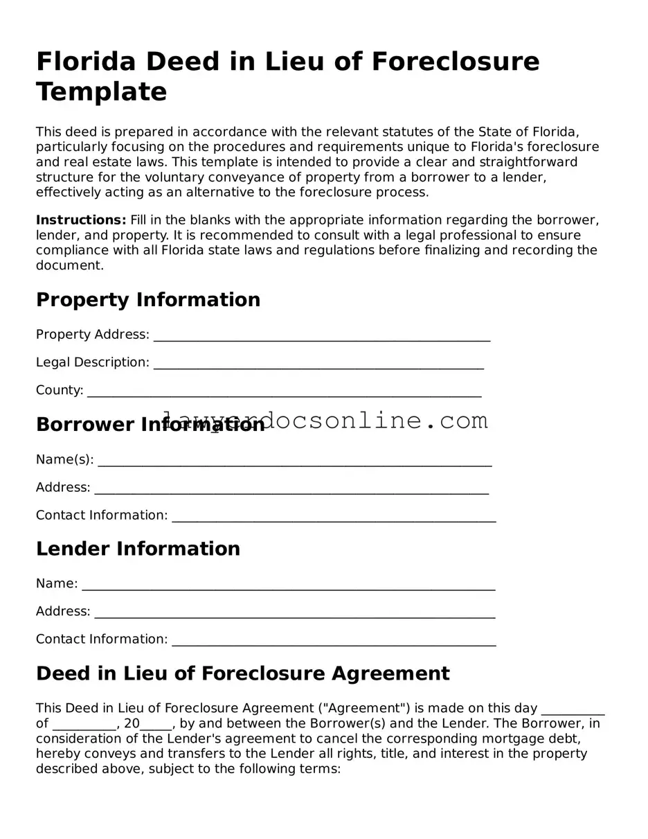 Legal  Deed in Lieu of Foreclosure Form for Florida