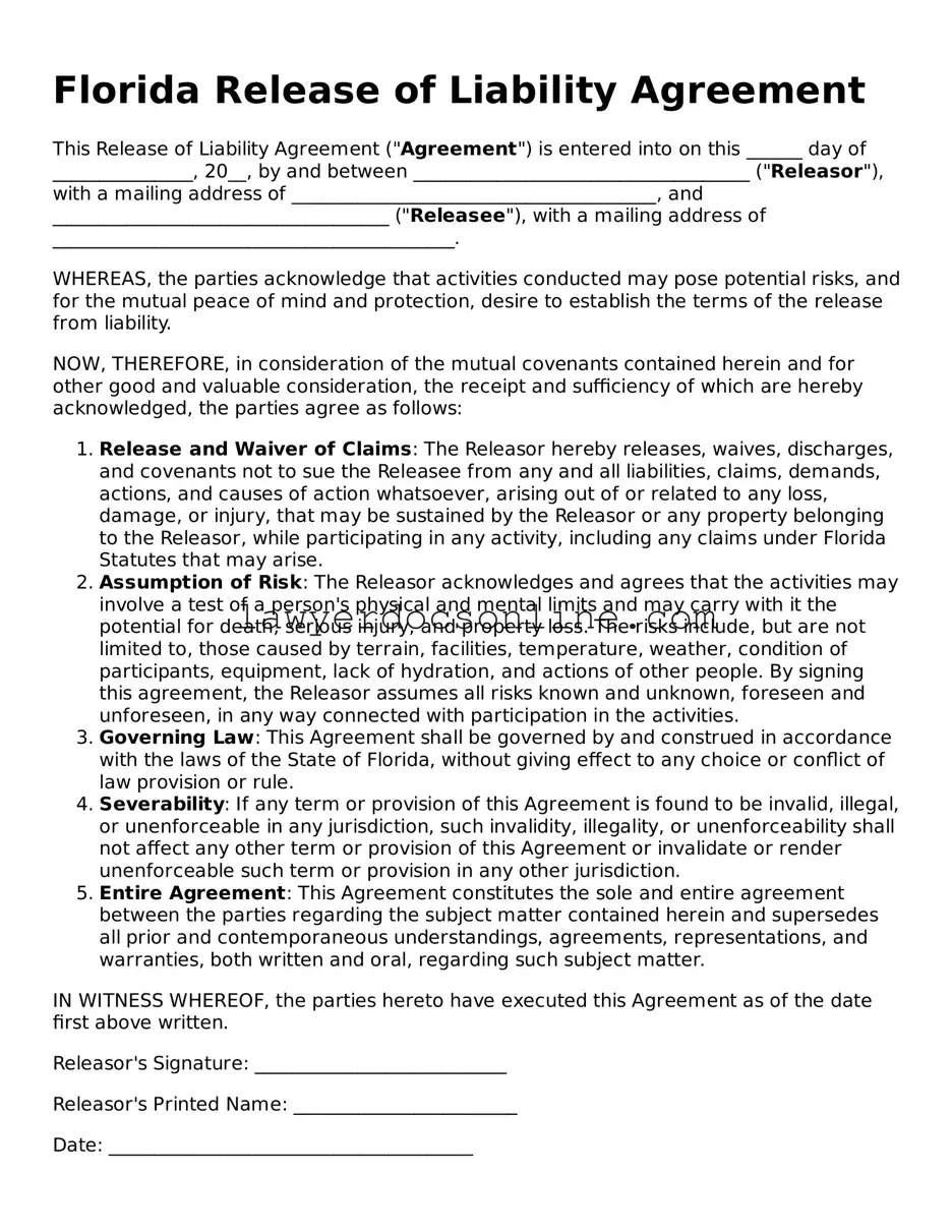 Legal  Release of Liability Form for Florida