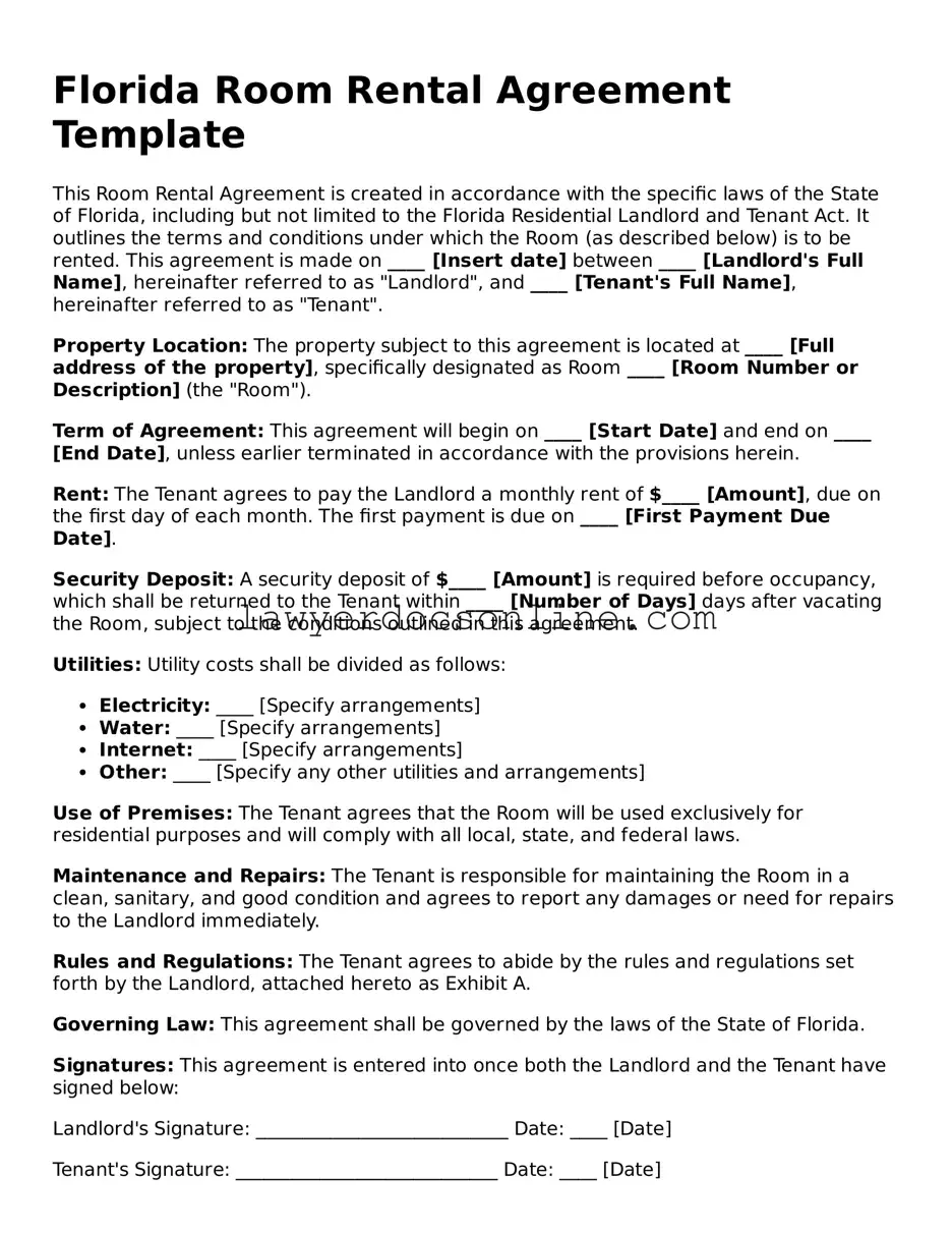 Legal  Room Rental Agreement Form for Florida