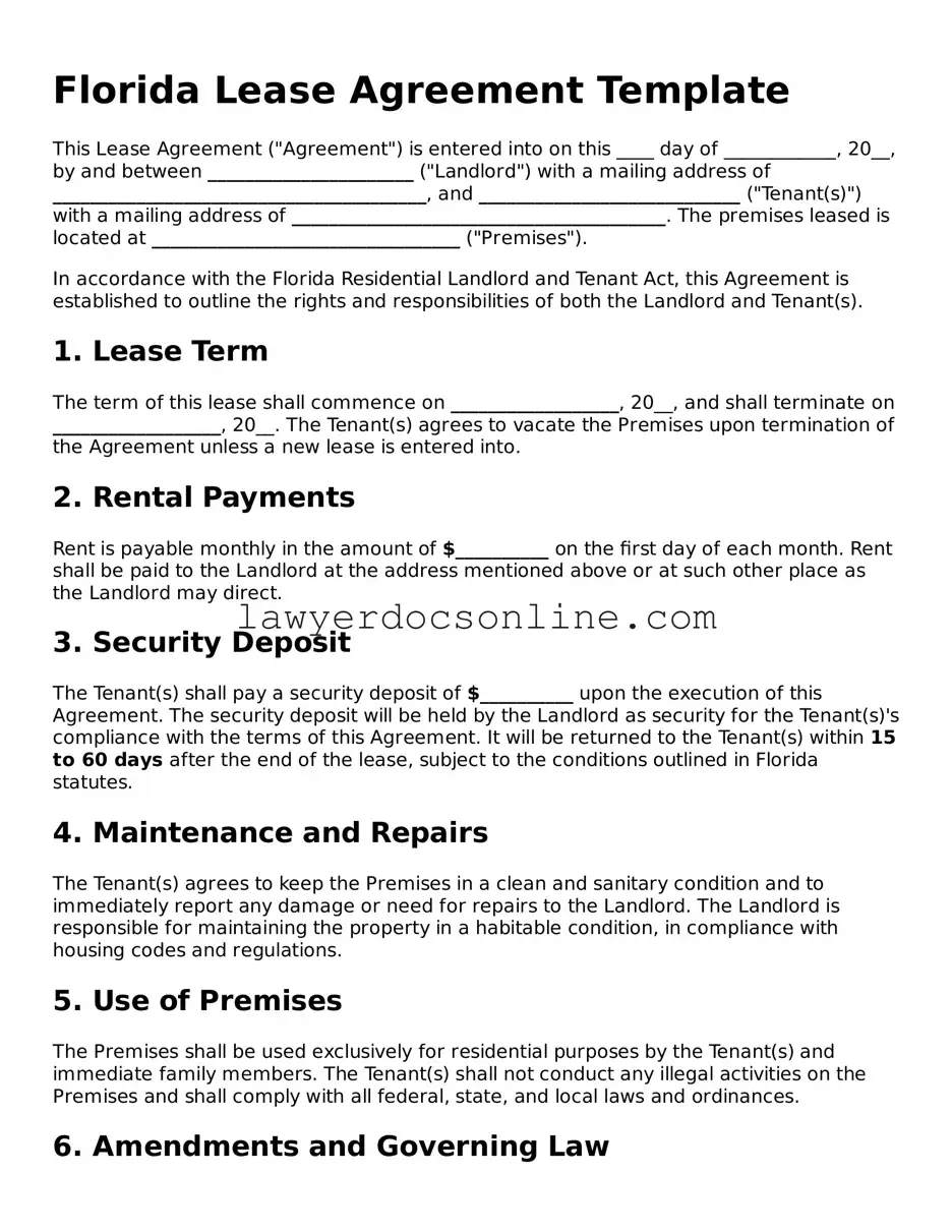 Legal  Lease Agreement Form for Florida