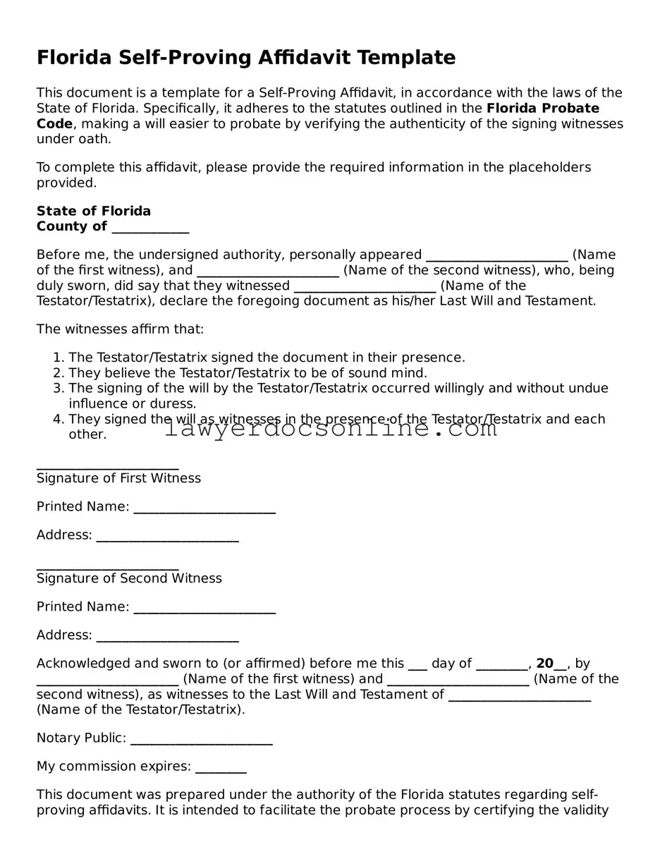 Legal  Self-Proving Affidavit Form for Florida