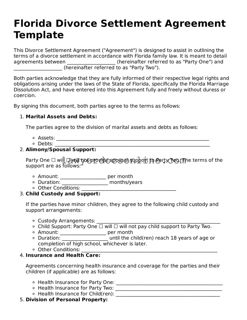 Legal  Divorce Settlement Agreement Form for Florida