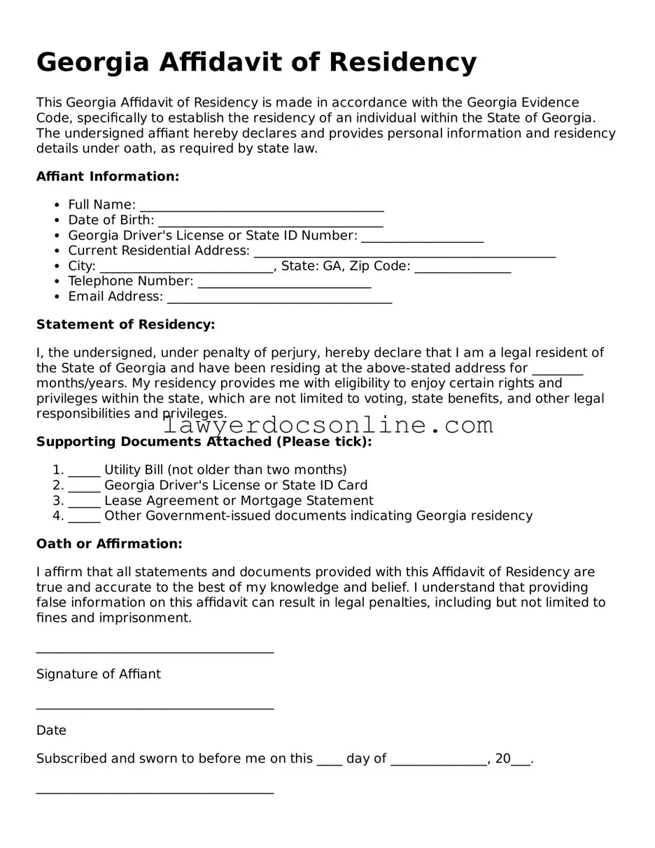 Legal  Affidavit of Residency Form for Georgia