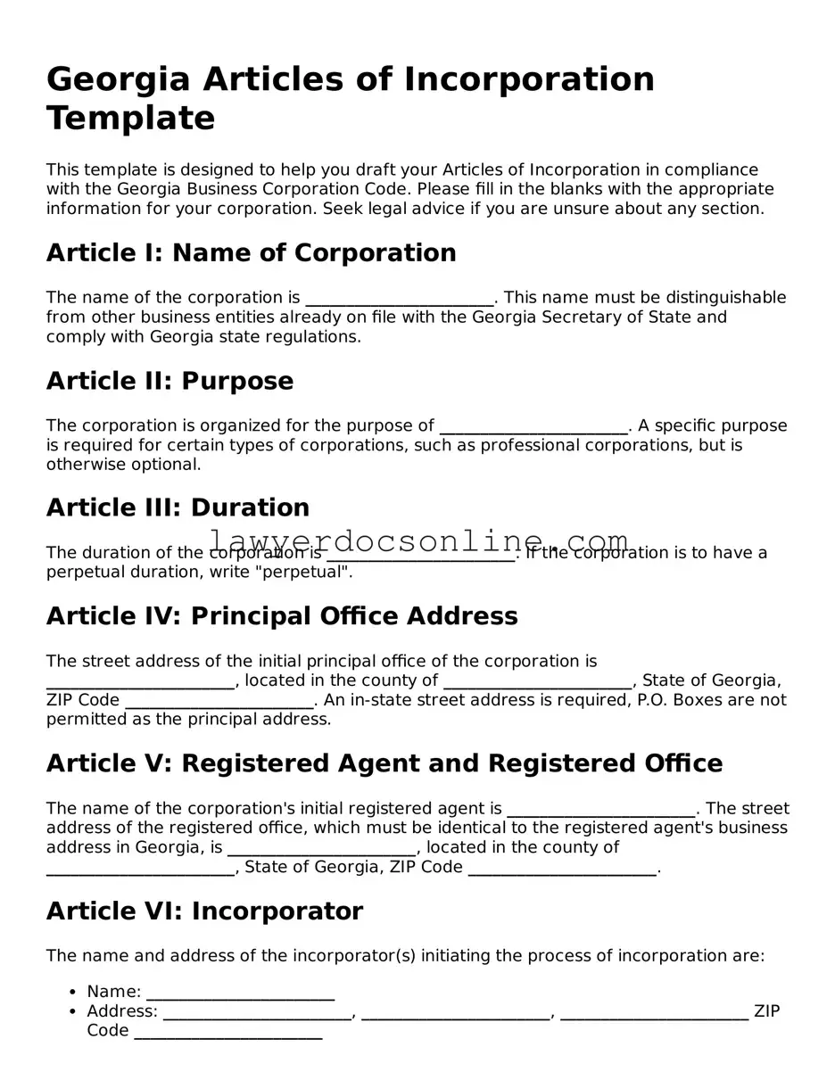 Legal  Articles of Incorporation Form for Georgia