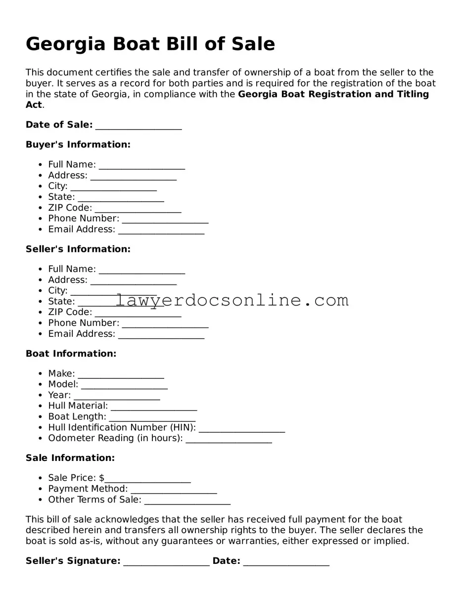 Legal  Boat Bill of Sale Form for Georgia