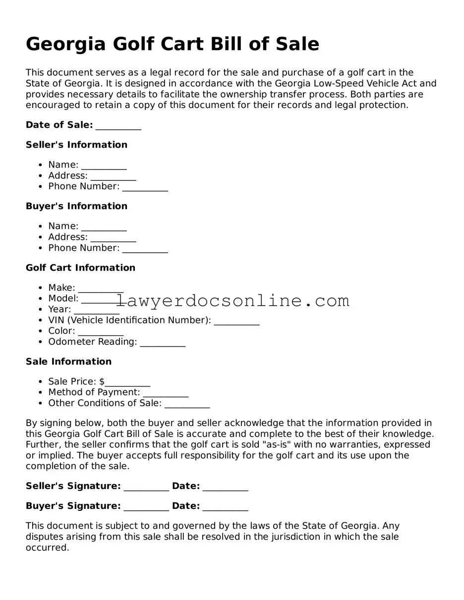 Legal  Golf Cart Bill of Sale Form for Georgia