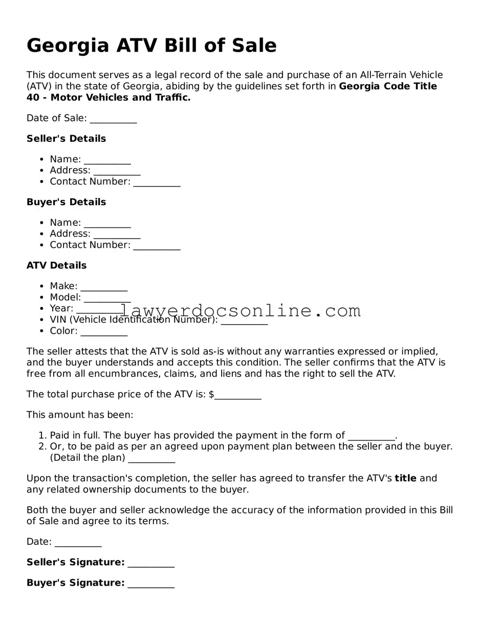Legal  ATV Bill of Sale Form for Georgia