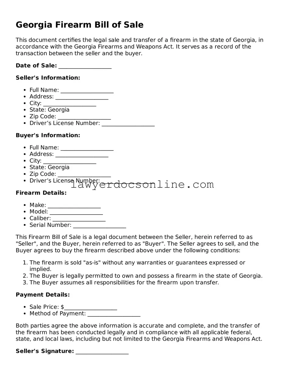 Legal  Firearm Bill of Sale Form for Georgia