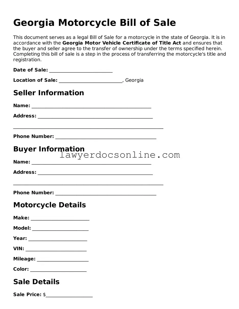 Legal  Motorcycle Bill of Sale Form for Georgia