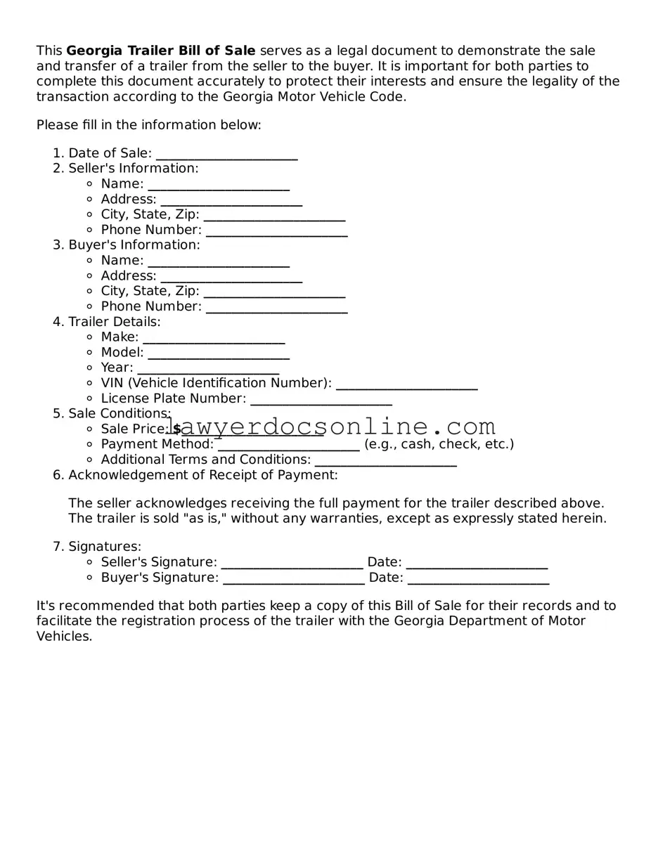 Legal  Trailer Bill of Sale Form for Georgia