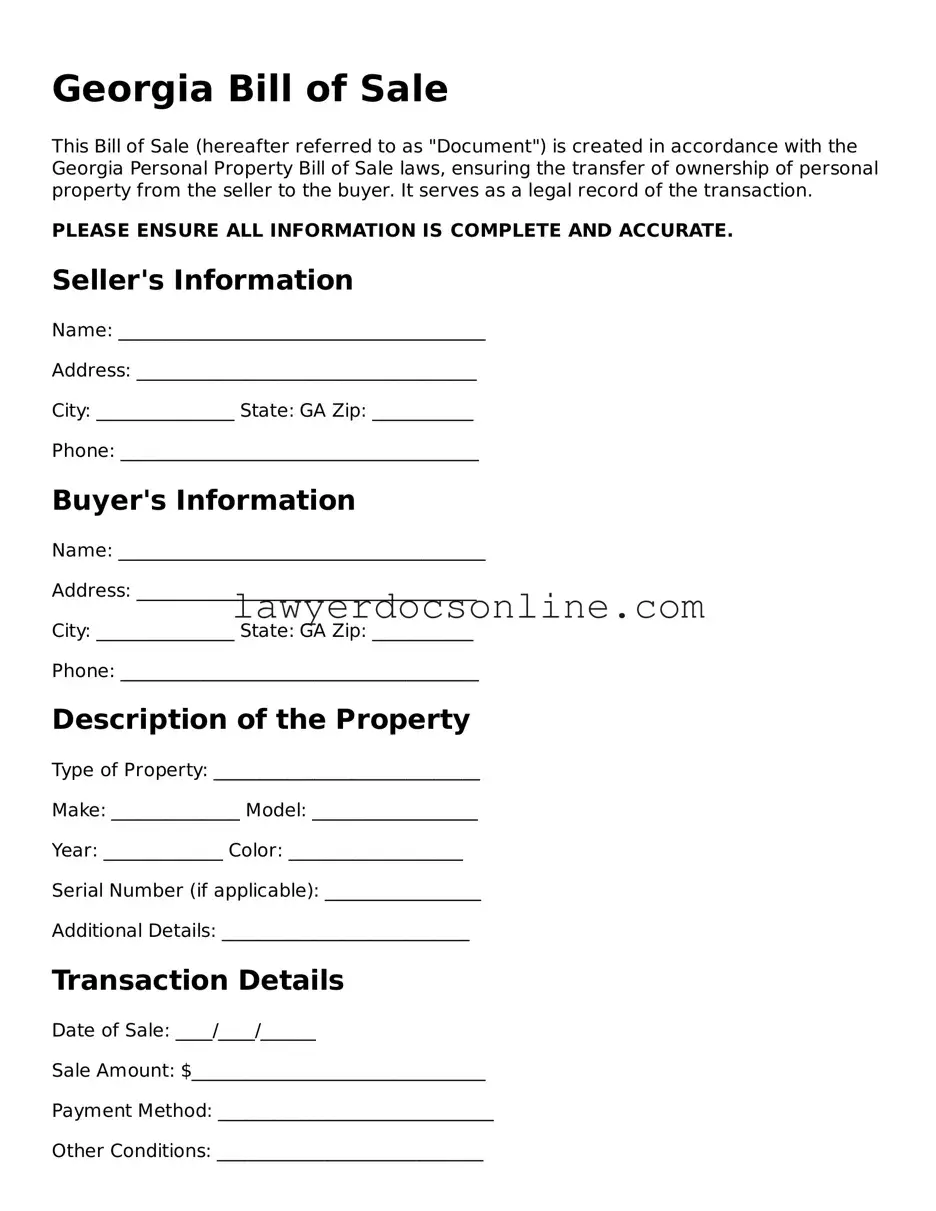 Legal  Bill of Sale Form for Georgia