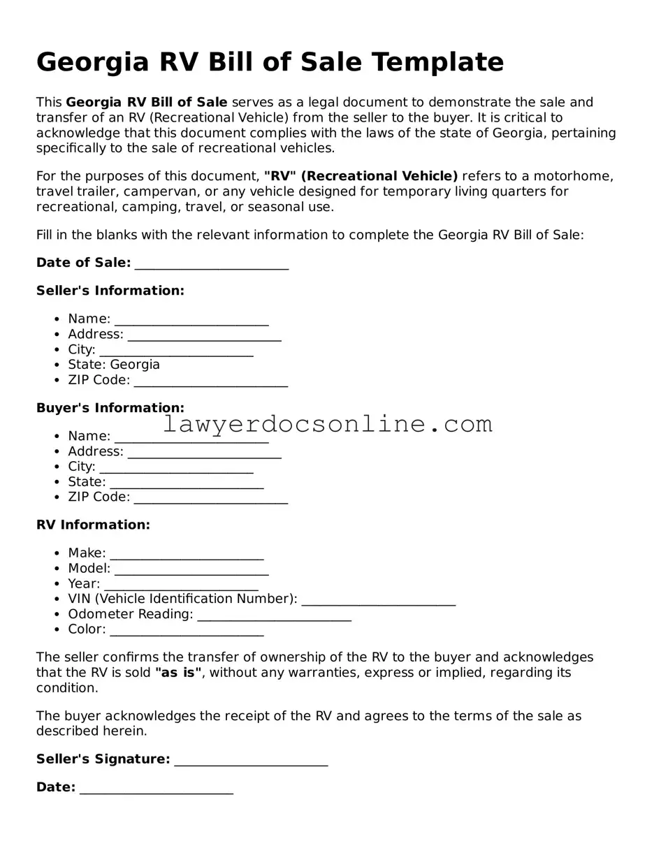 Legal  RV Bill of Sale Form for Georgia