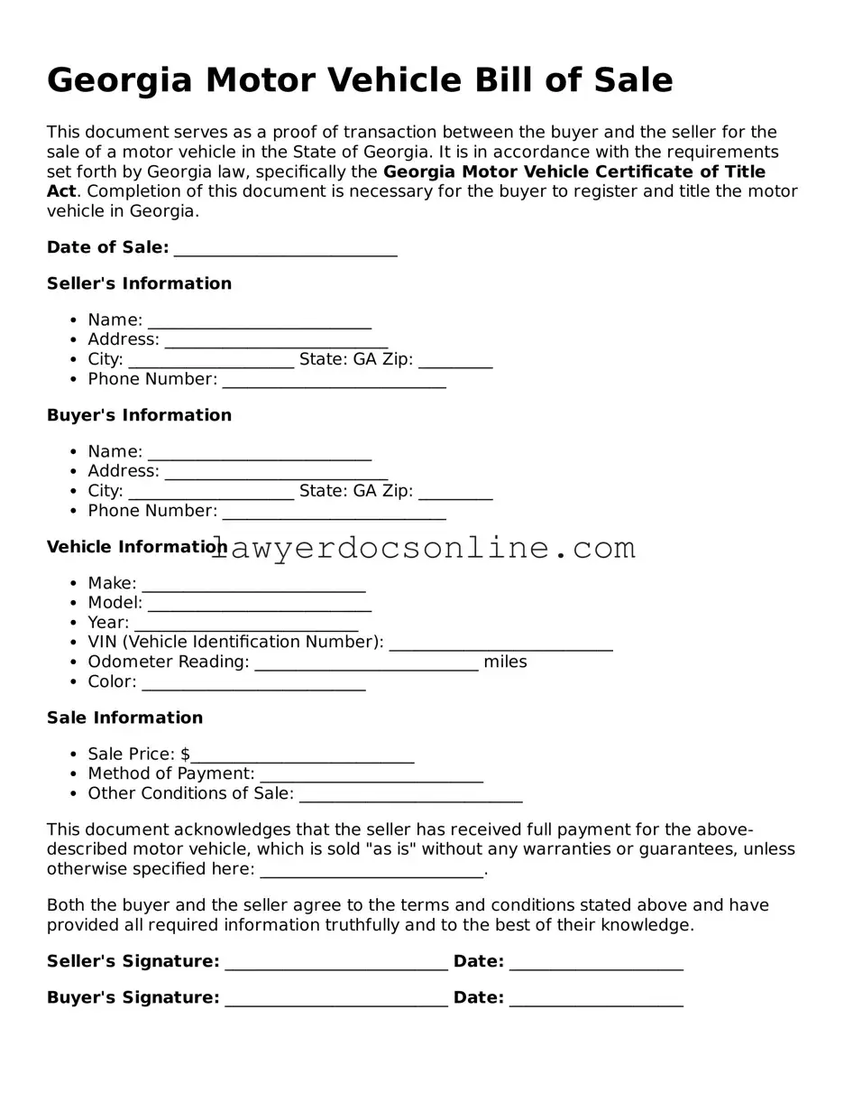 Legal  Motor Vehicle Bill of Sale Form for Georgia
