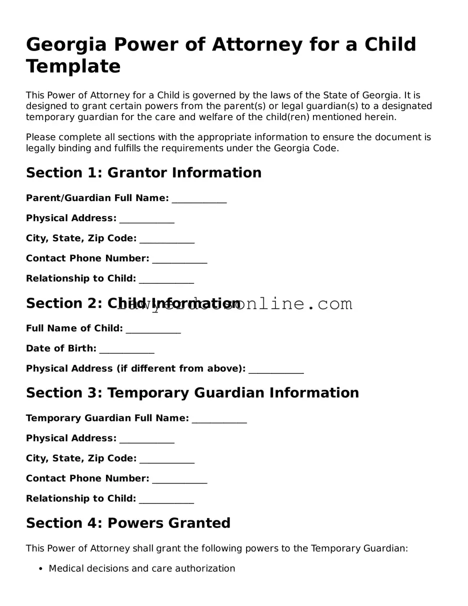 Legal  Power of Attorney for a Child Form for Georgia