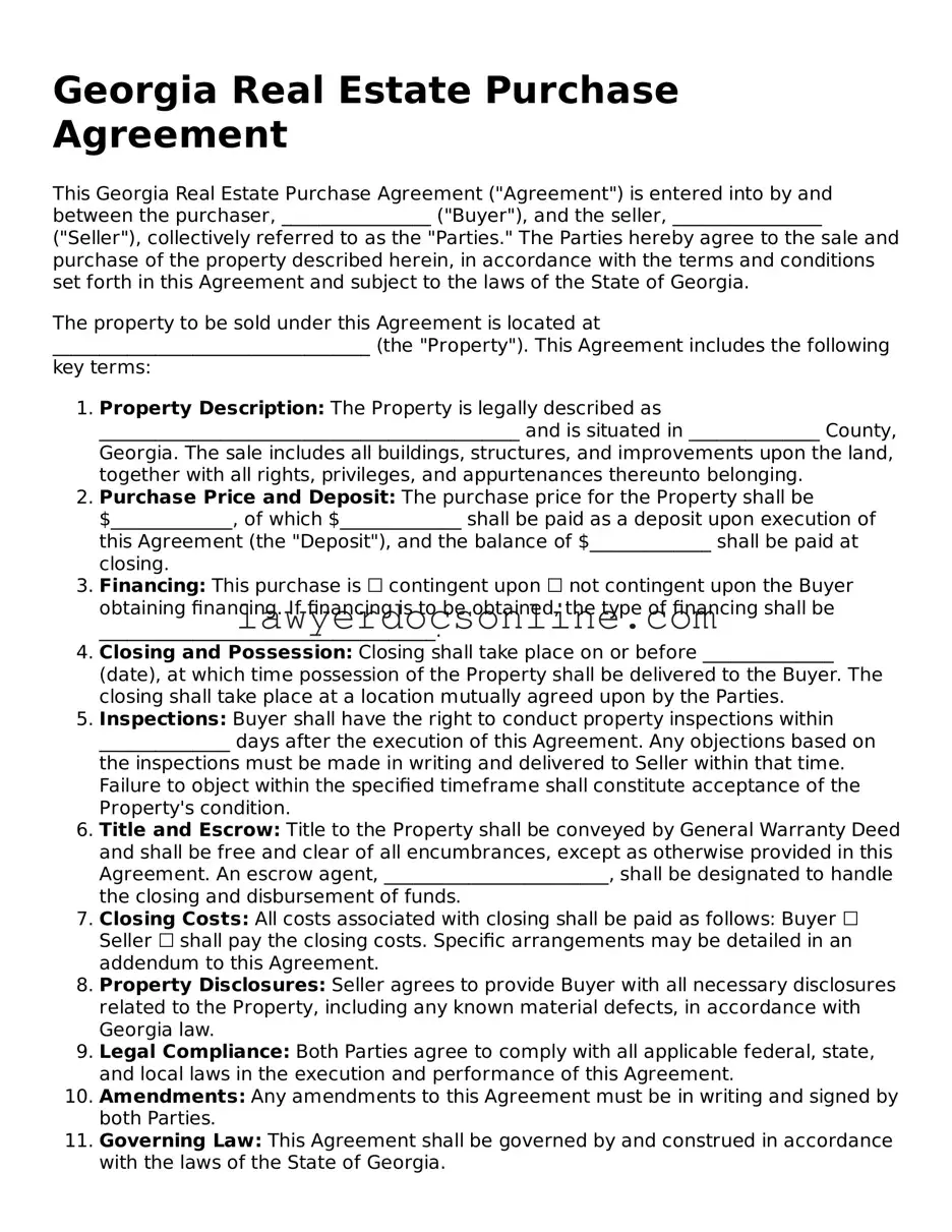Legal  Real Estate Purchase Agreement Form for Georgia