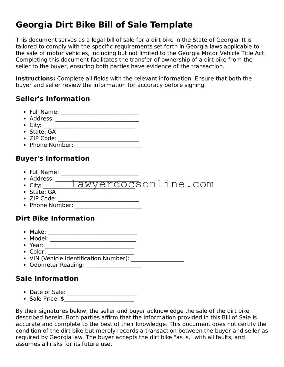 Legal  Dirt Bike Bill of Sale Form for Georgia