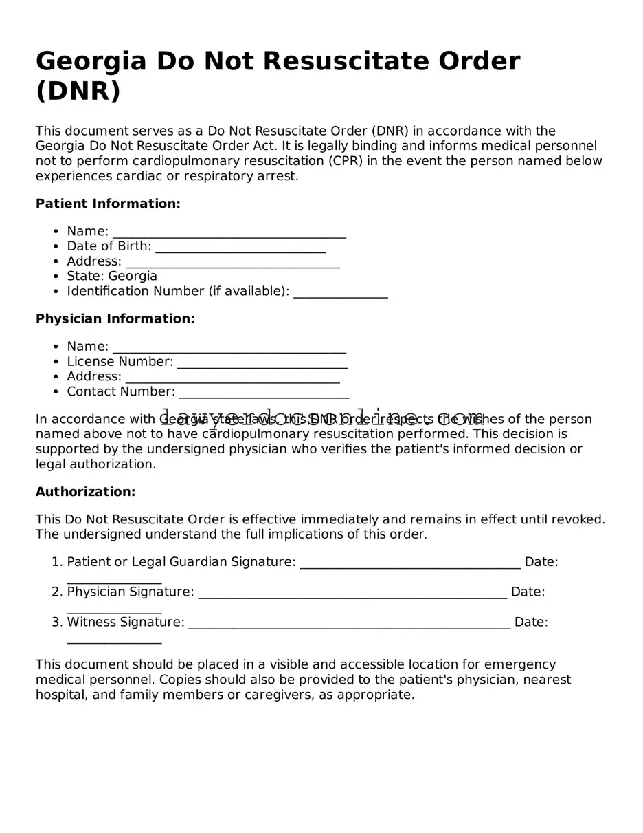 Legal  Do Not Resuscitate Order Form for Georgia