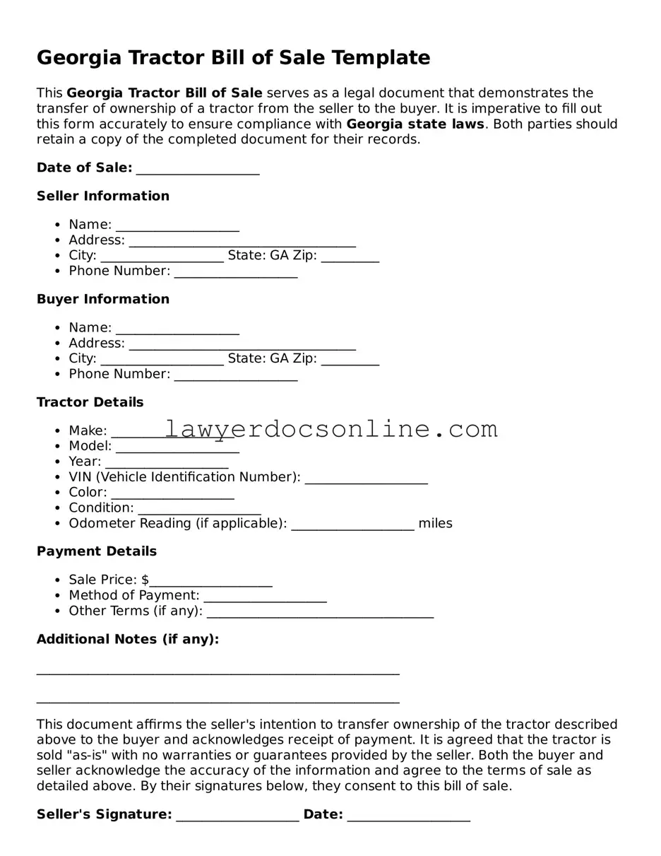 Legal  Tractor Bill of Sale Form for Georgia