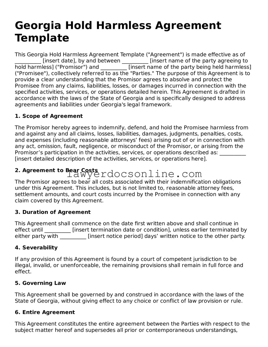 Legal  Hold Harmless Agreement Form for Georgia
