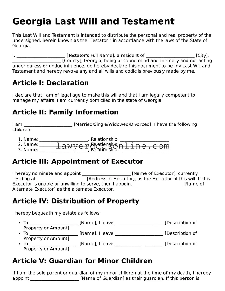 Legal  Last Will and Testament Form for Georgia