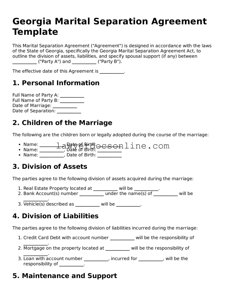 Legal  Marital Separation Agreement Form for Georgia