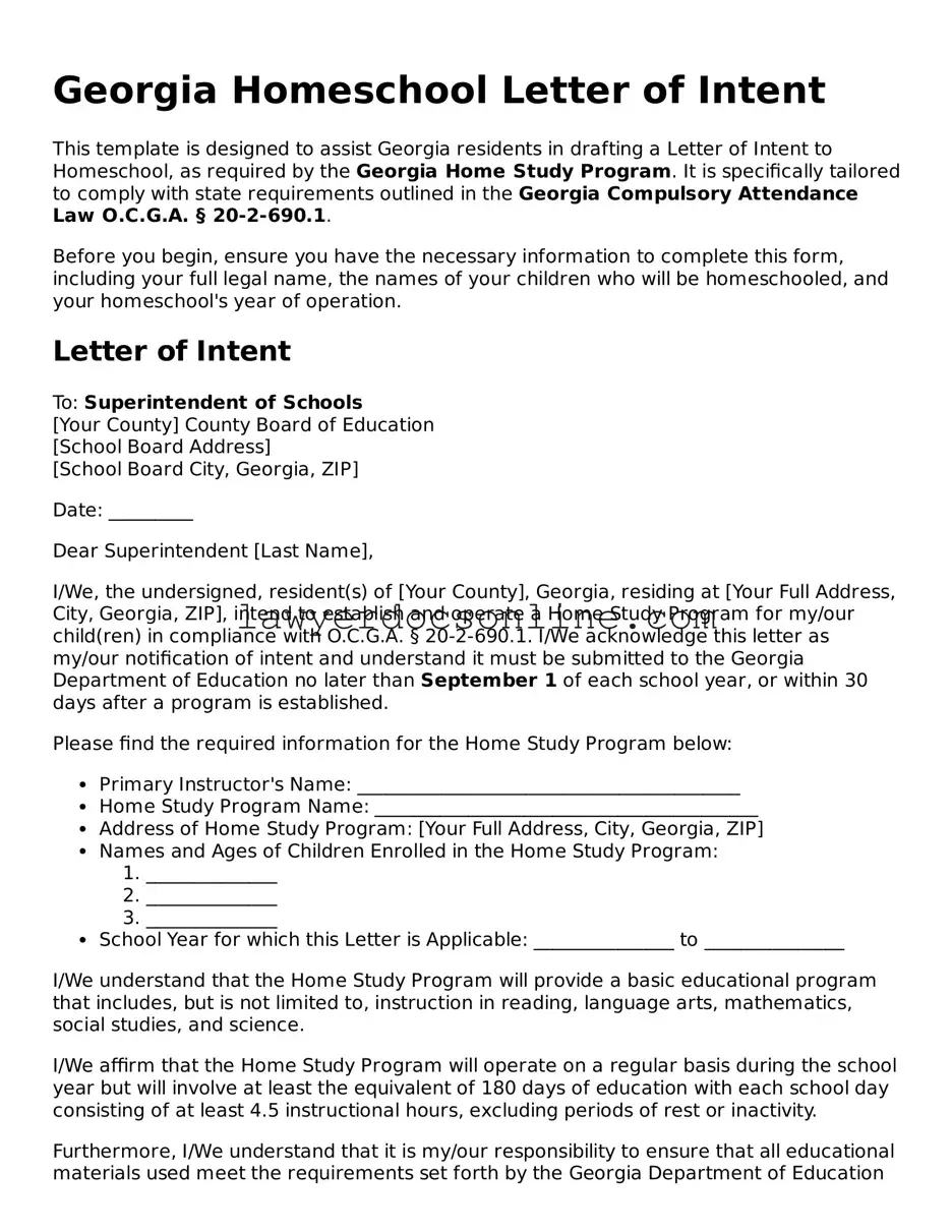 Legal  Homeschool Letter of Intent Form for Georgia
