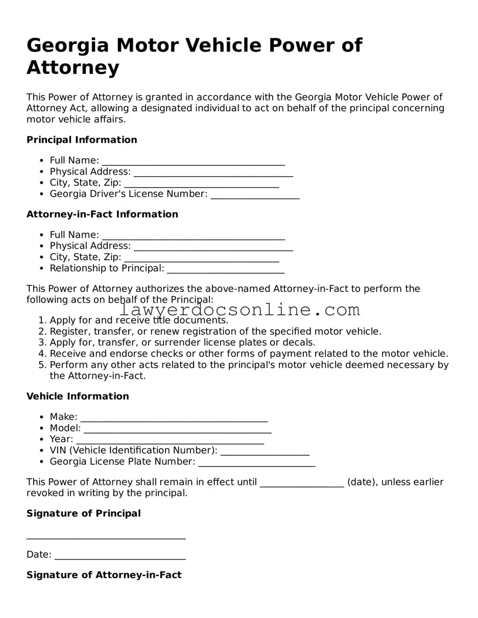 Legal  Motor Vehicle Power of Attorney Form for Georgia