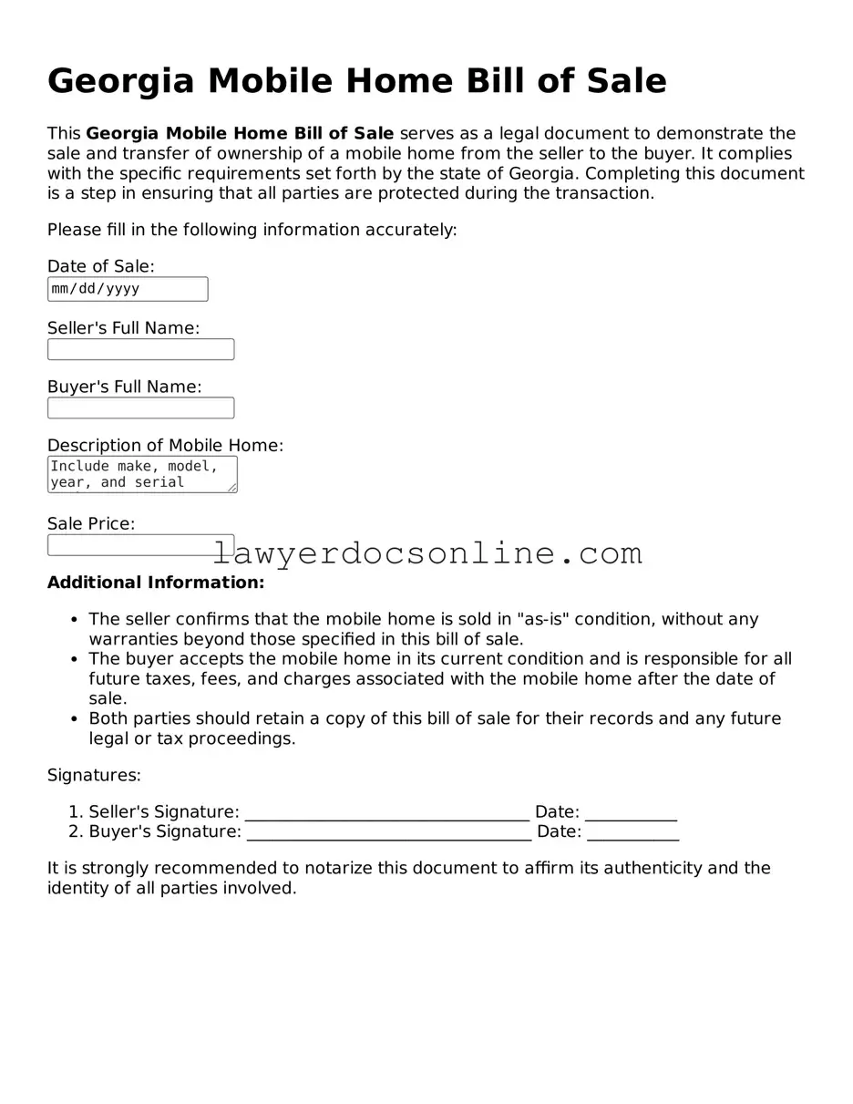 Legal  Mobile Home Bill of Sale Form for Georgia