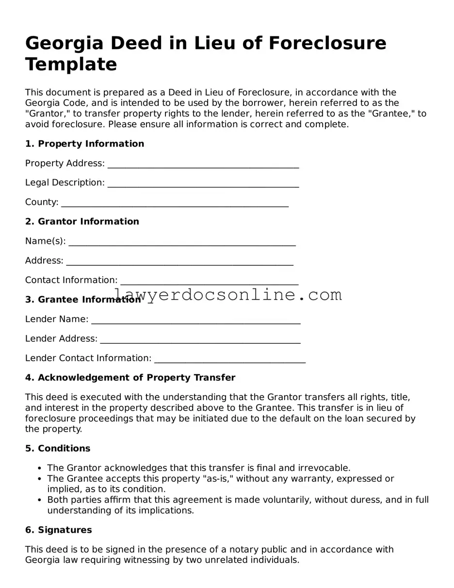 Legal  Deed in Lieu of Foreclosure Form for Georgia