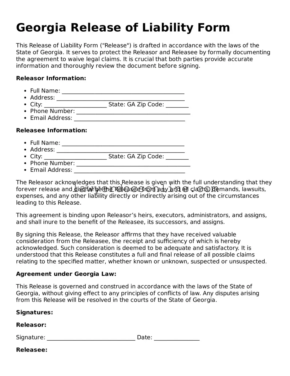 Legal  Release of Liability Form for Georgia