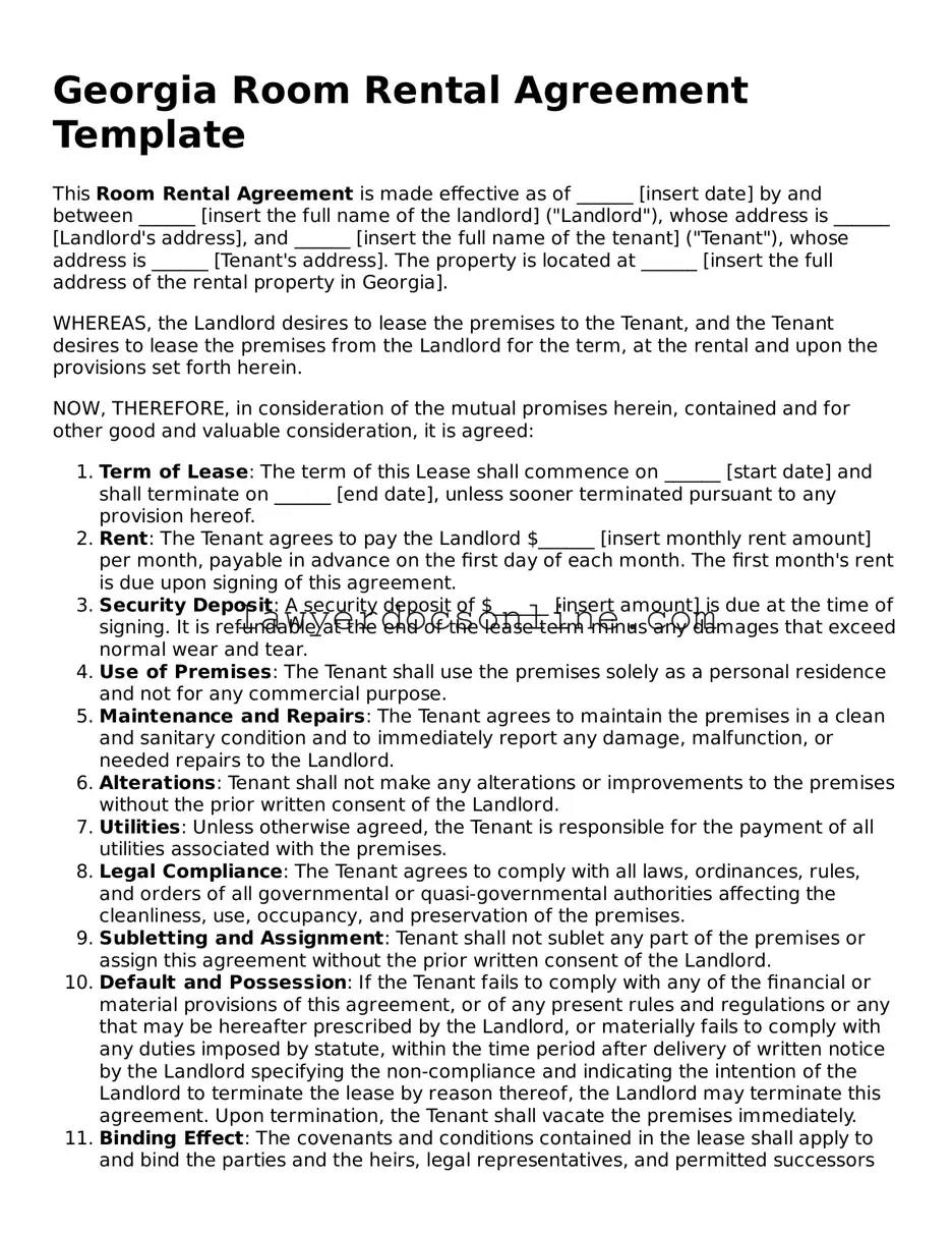 Legal  Room Rental Agreement Form for Georgia