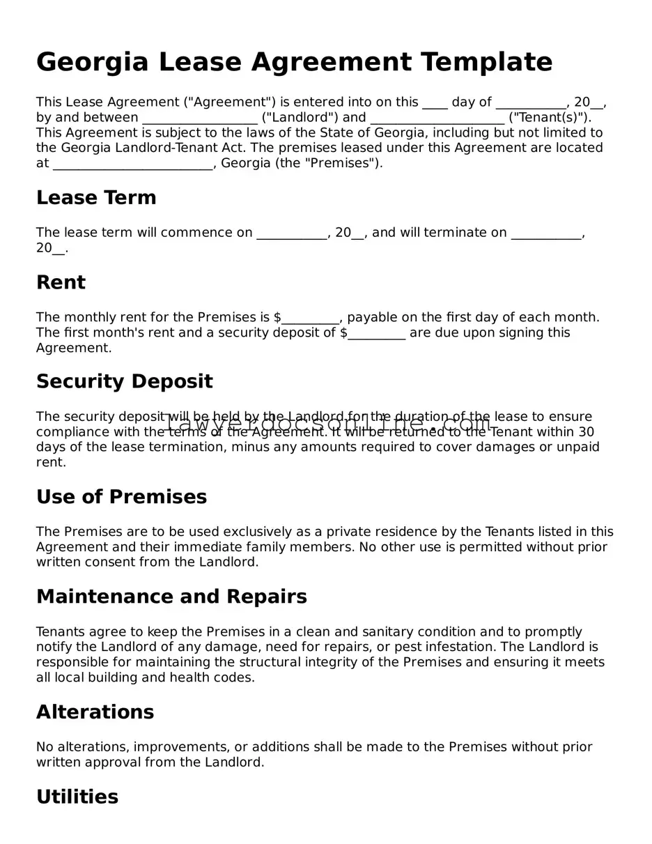 Legal  Lease Agreement Form for Georgia