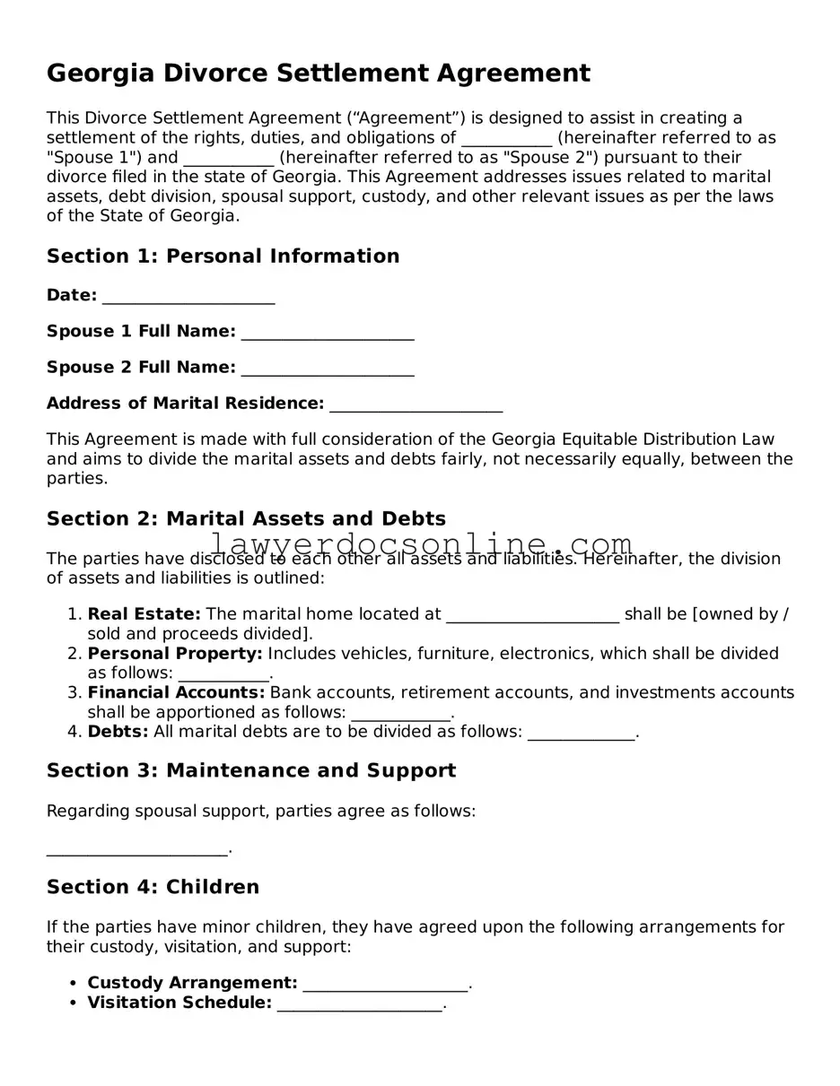 Legal  Divorce Settlement Agreement Form for Georgia