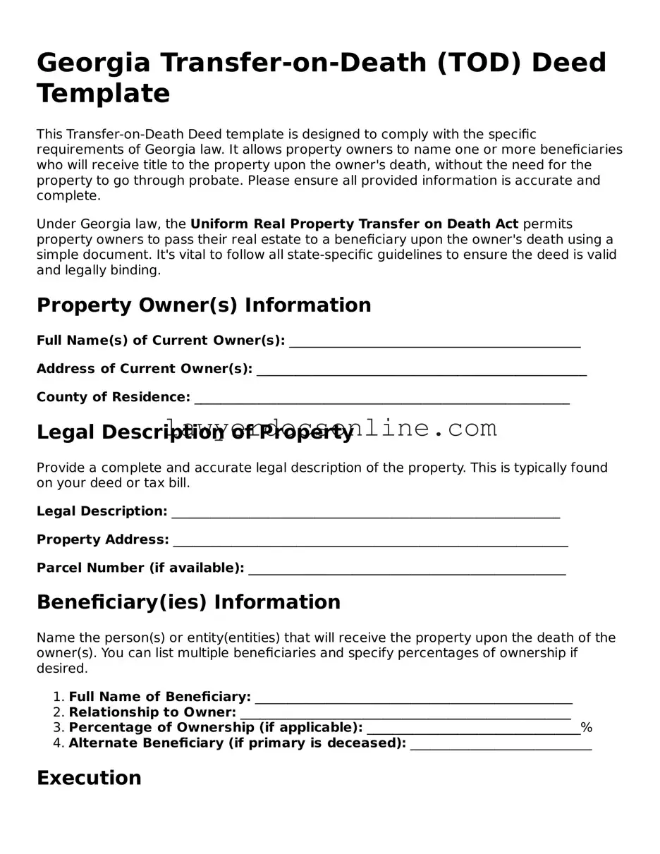 Legal  Transfer-on-Death Deed Form for Georgia